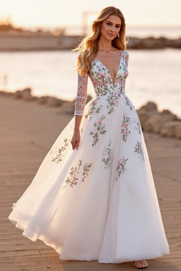 White Tulle Floral A Line Boho Floor Length Wedding Dress